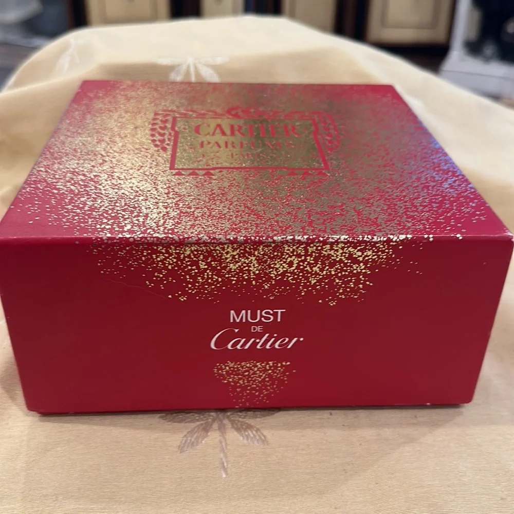 Must De Cartier Parfums Paris Empty Red & Metallic Gold 8” Square Cardboard Box.